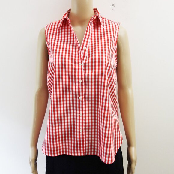 Lands’ End Red & White Gingham No Iron Supima Cotton Button Down Top (8P) NWOT! - Picture 1 of 8